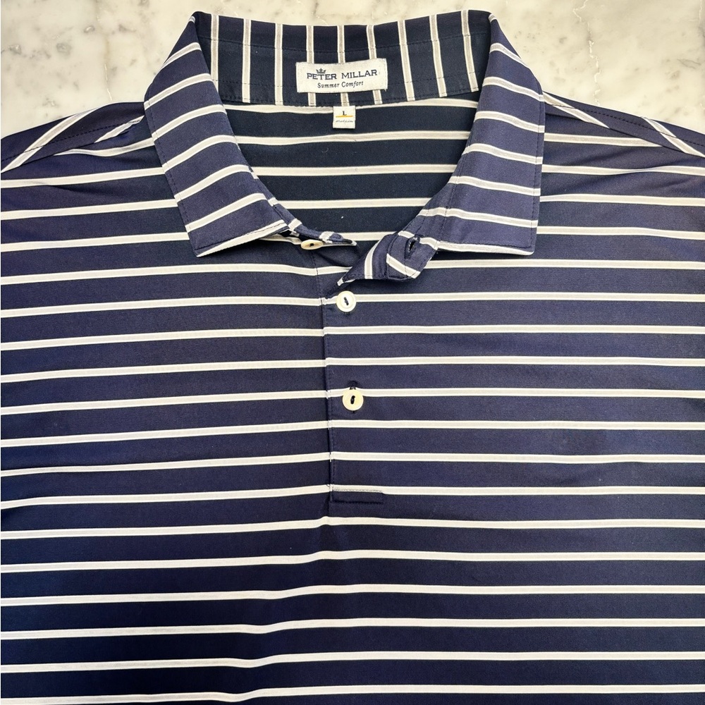 Peter Millar Striped Polo Navy and Gray Men's Shirt Large